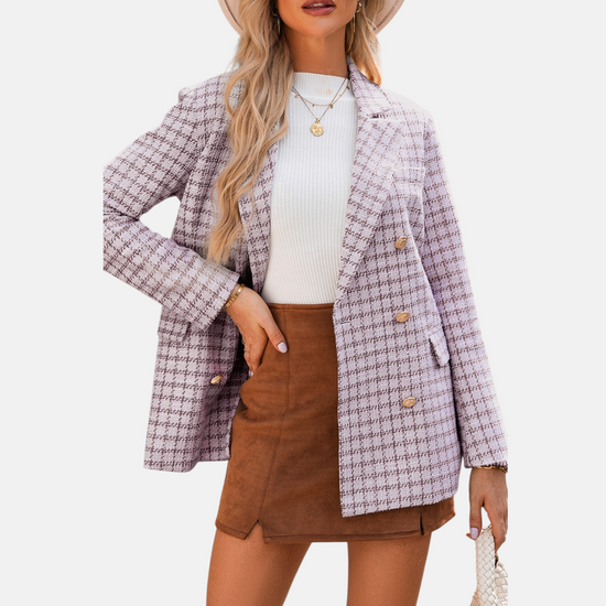 Pink tweed double-breasted gold button blazer lifestyle front view styled with white knit, tan mini skirt, cream woven bag and cream hat