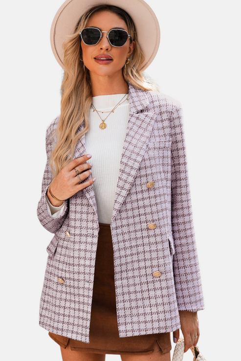 Pink tweed double-breasted gold button blazer lifestyle front view styled with white knit, tan mini skirt, cream woven bag and cream hat