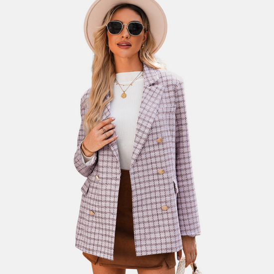 Pink tweed double-breasted gold button blazer lifestyle front view styled with white knit, tan mini skirt, cream woven bag and cream hat
