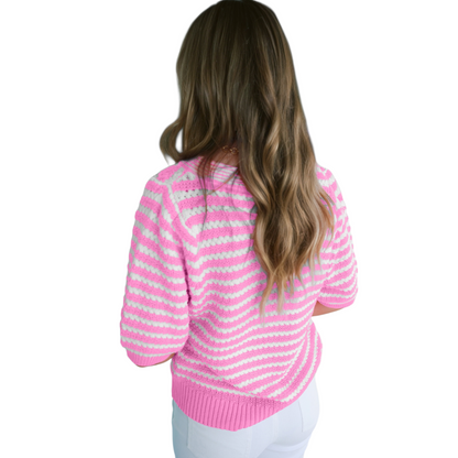 Model wearing a pink and white striped short-sleeve knit sweater featuring three decorative bow knots and a V-neckline. Rear view.