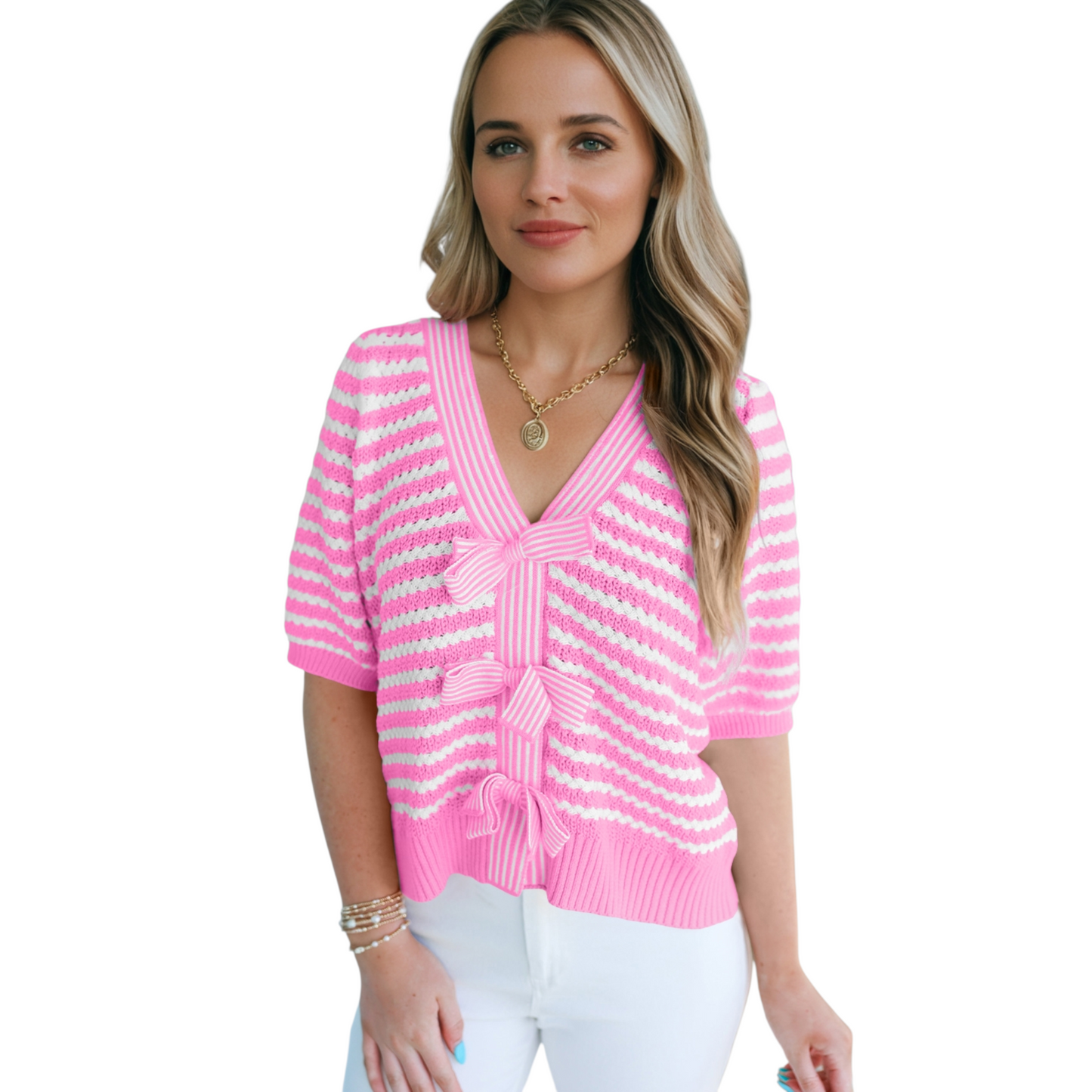 Model wearing a pink and white striped short-sleeve knit sweater featuring three decorative bow knots and a V-neckline.
