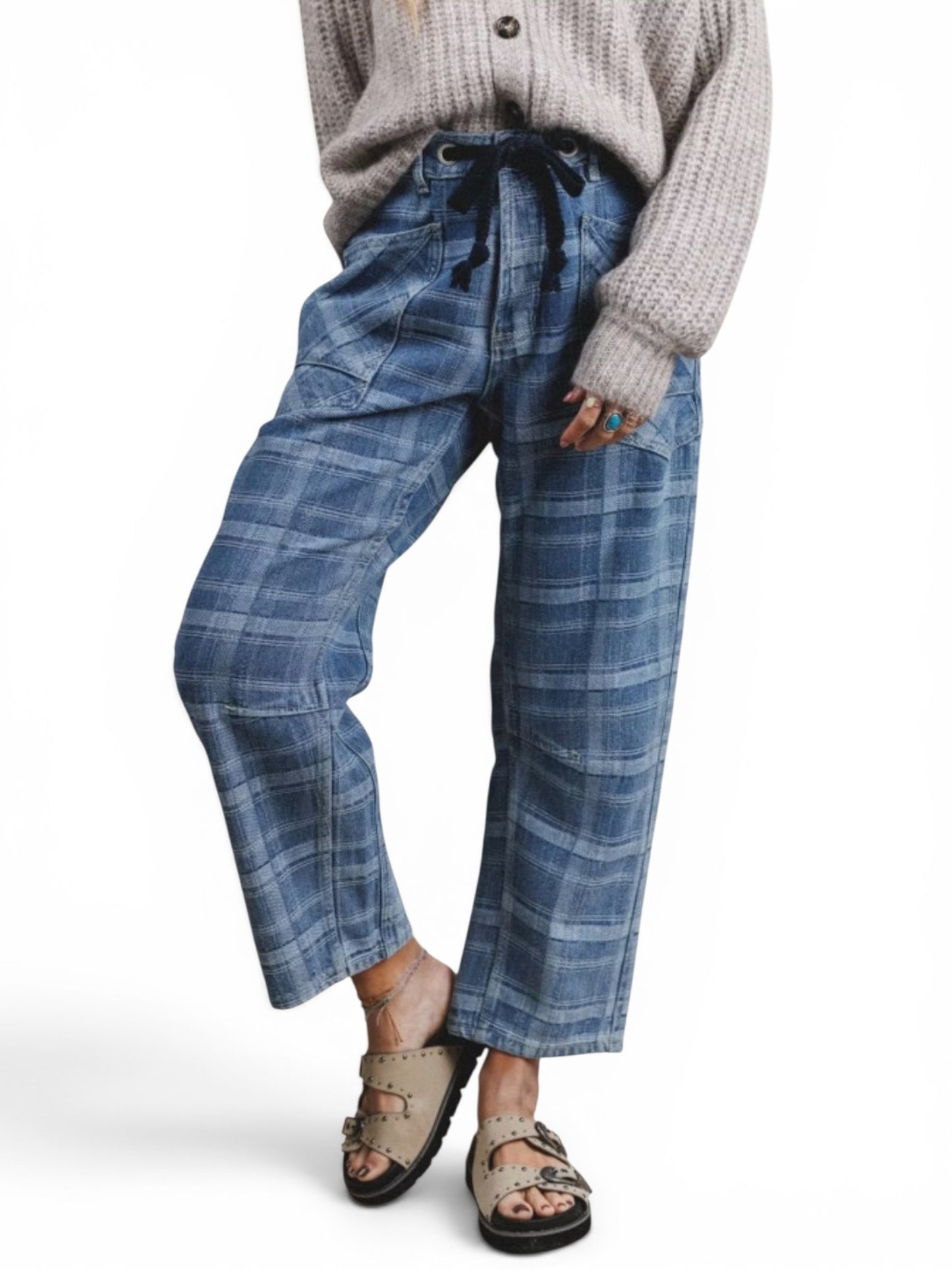 Plaid denim drawstring barrel pants lifestyle front view