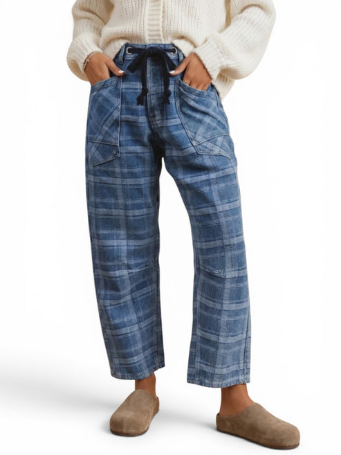 Plaid denim drawstring barrel pants front view