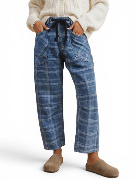 Plaid denim drawstring barrel pants front view