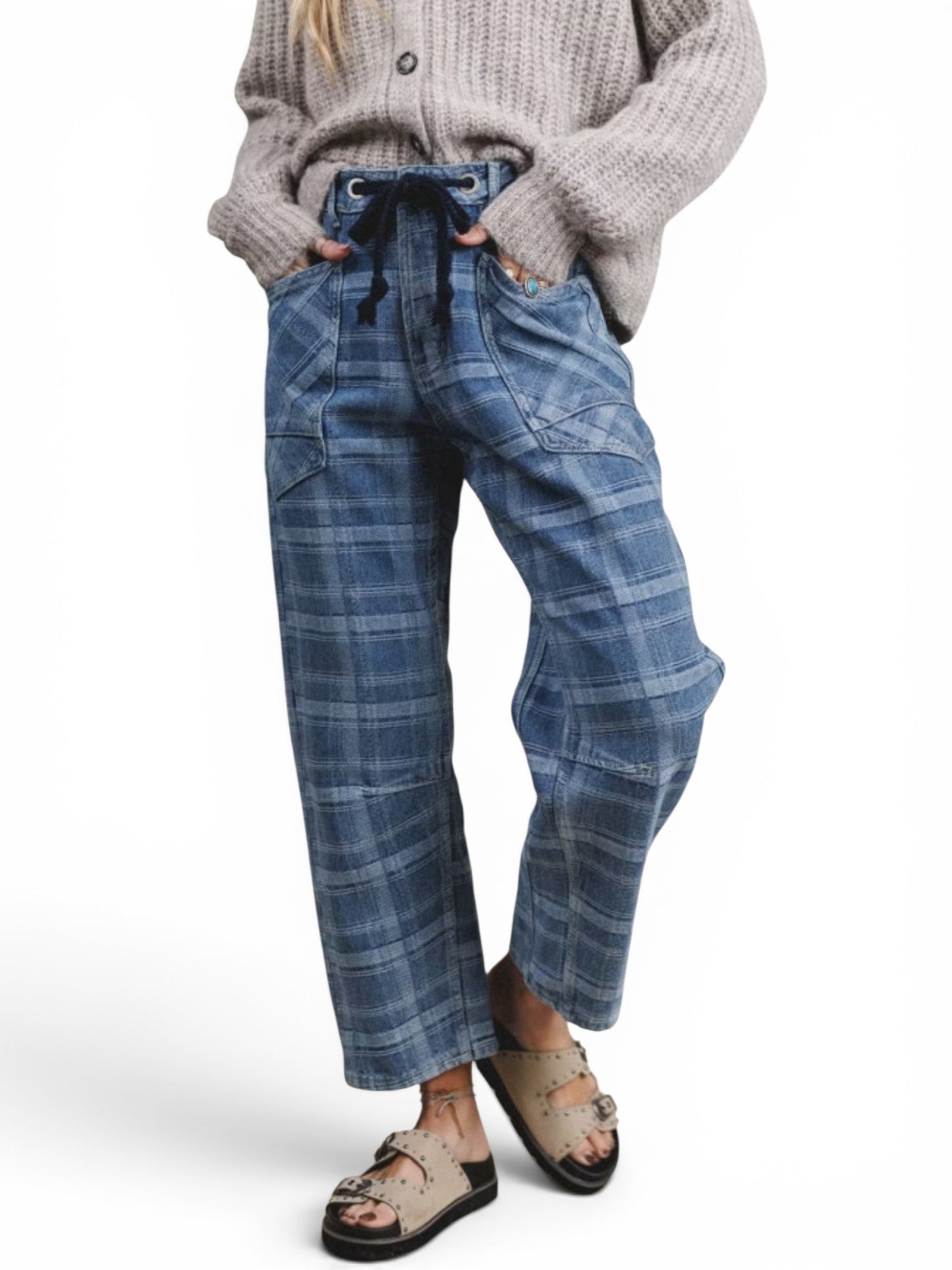 Plaid denim drawstring barrel pants front view
