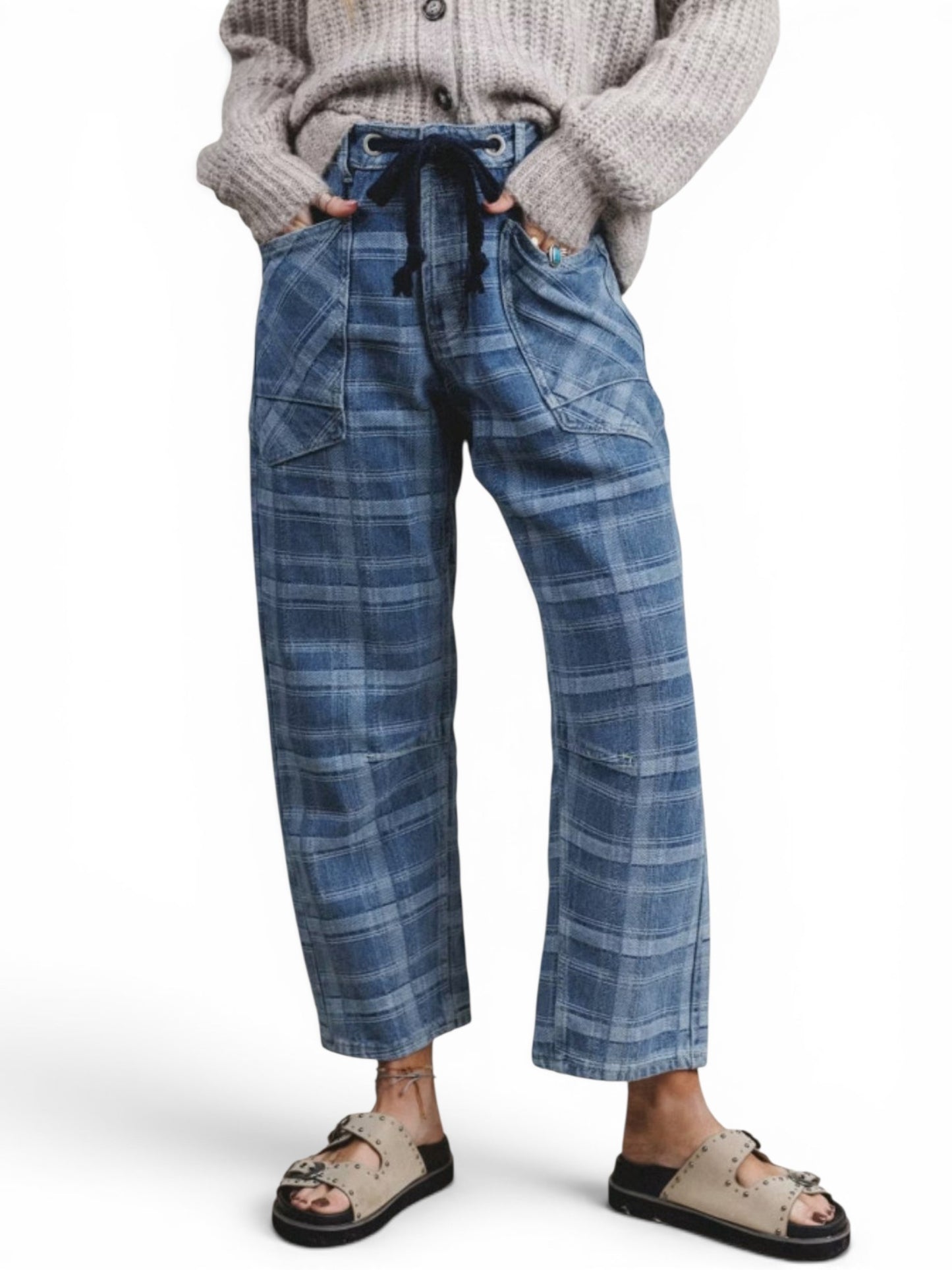 Plaid denim drawstring barrel pants model front view