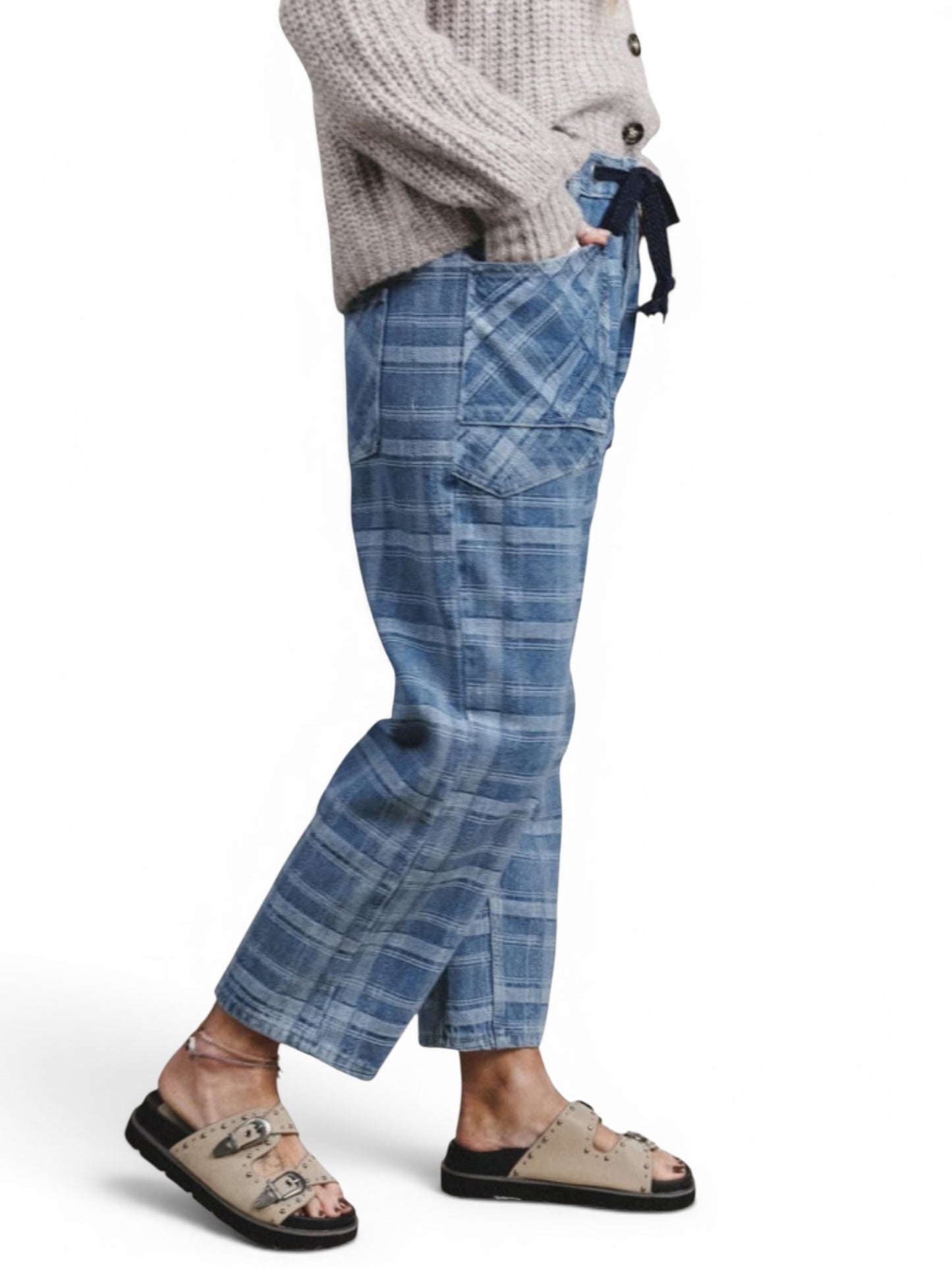 Plaid denim drawstring barrel pants model side view