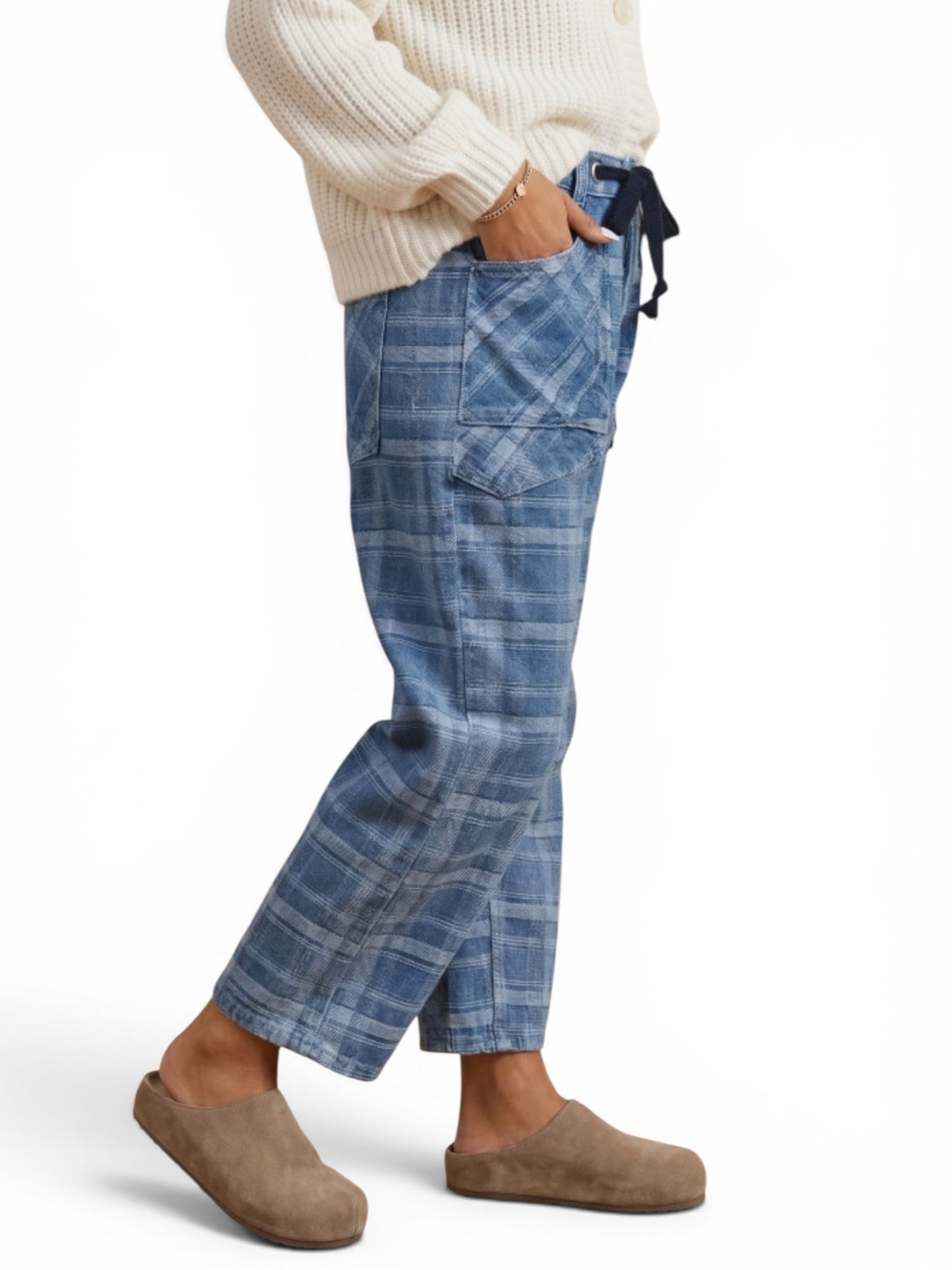 Plaid denim drawstring barrel pants side view