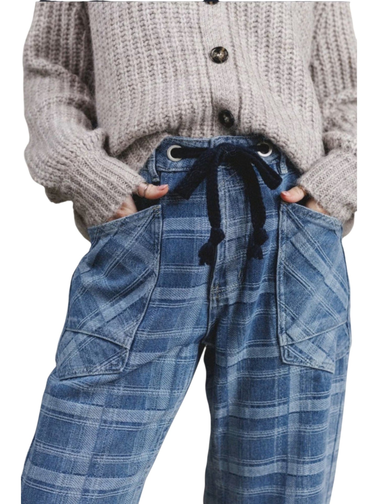 Plaid denim drawstring barrel pants' waistline view