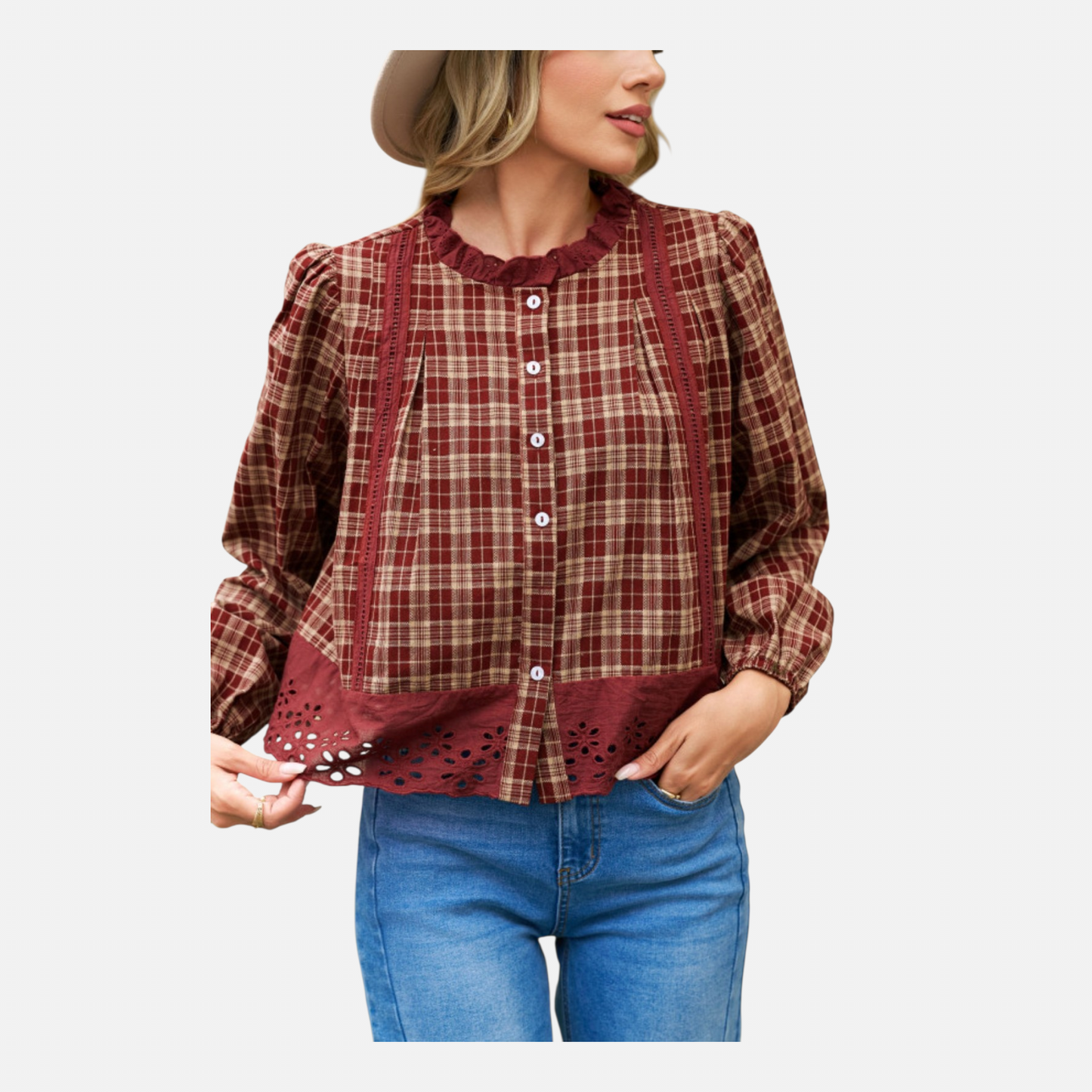 A half-body shot of the model wearing the burgundy plaid eyelet blouse, clearly showing the button-down front, ruffled neckline, and the flattering bohemian silhouette.