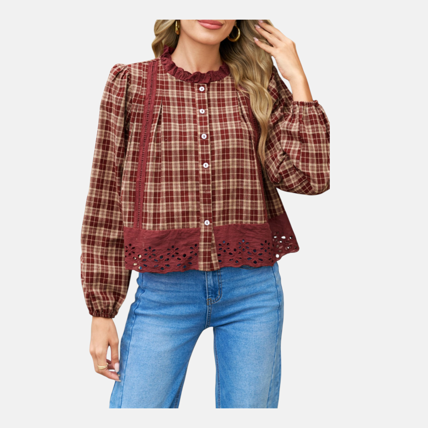 A front view of a model wearing a burgundy and cream plaid blouse featuring a distinctive scalloped eyelet lace hem, a ruffled collar, and voluminous balloon sleeves.