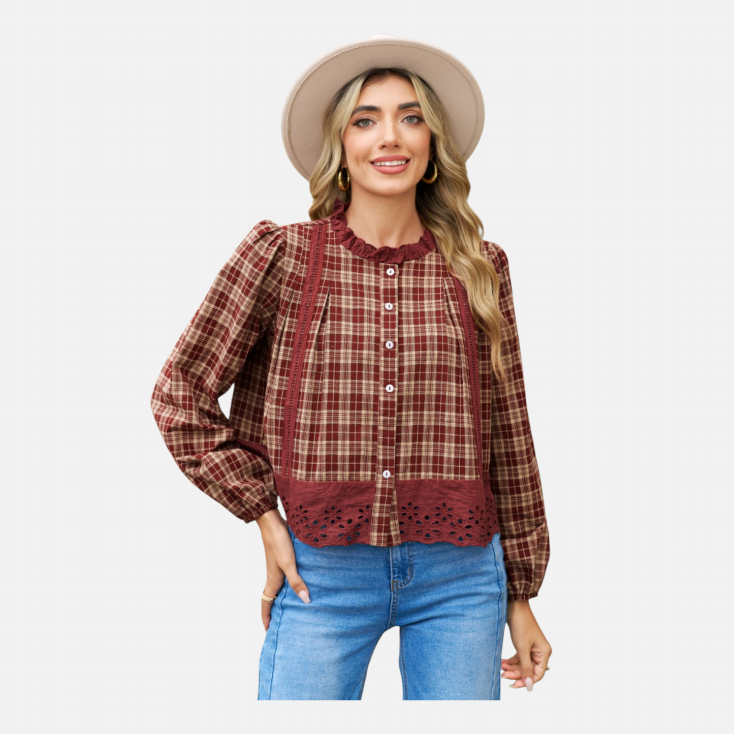 A half-body shot of the model wearing the burgundy plaid eyelet blouse, clearly showing the button-down front, ruffled neckline, and the flattering bohemian silhouette.