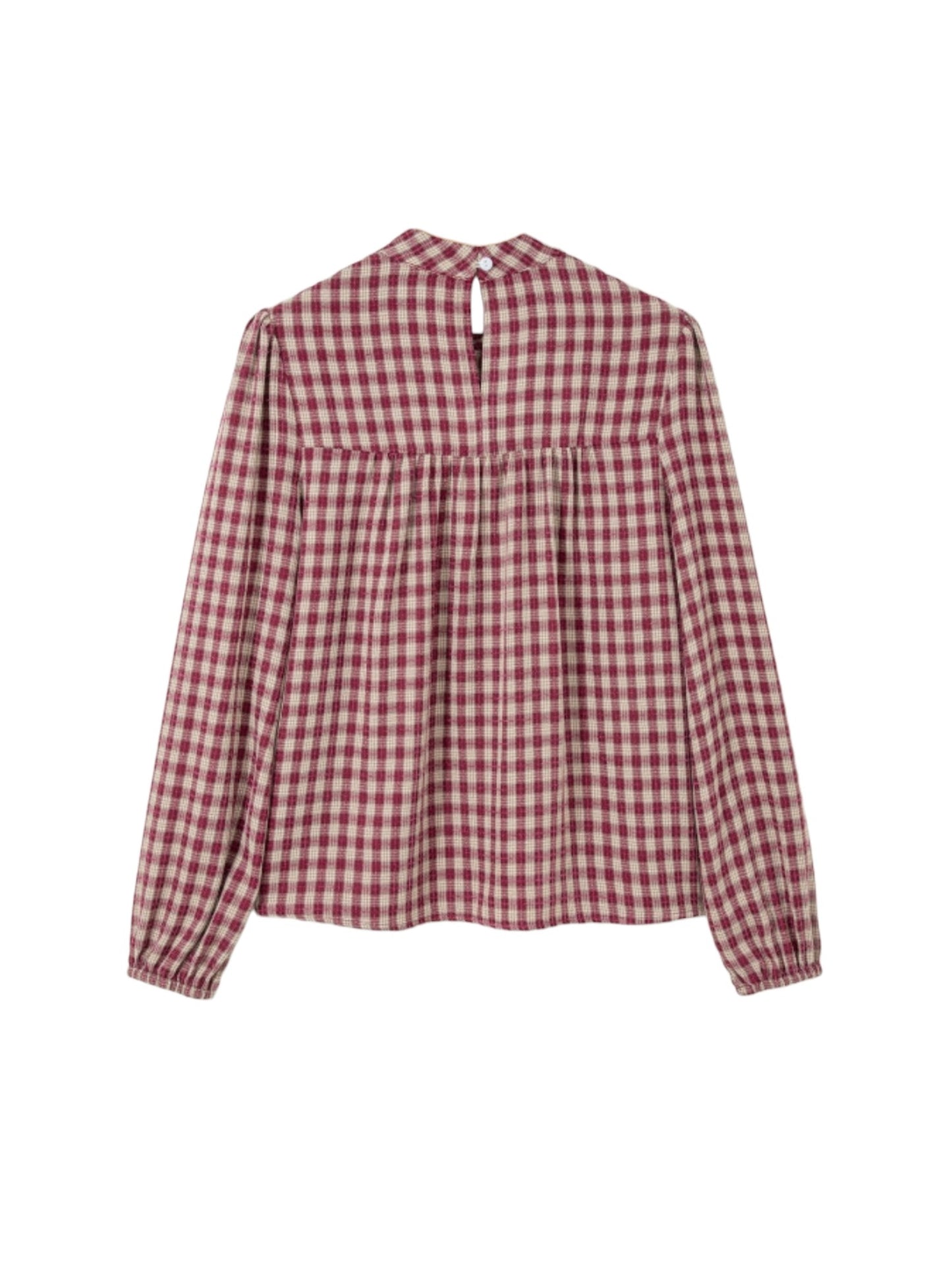 A long-sleeve blouse with a red and white gingham check pattern, featuring a gathered waist and a split neckline, shown against a plain white background.