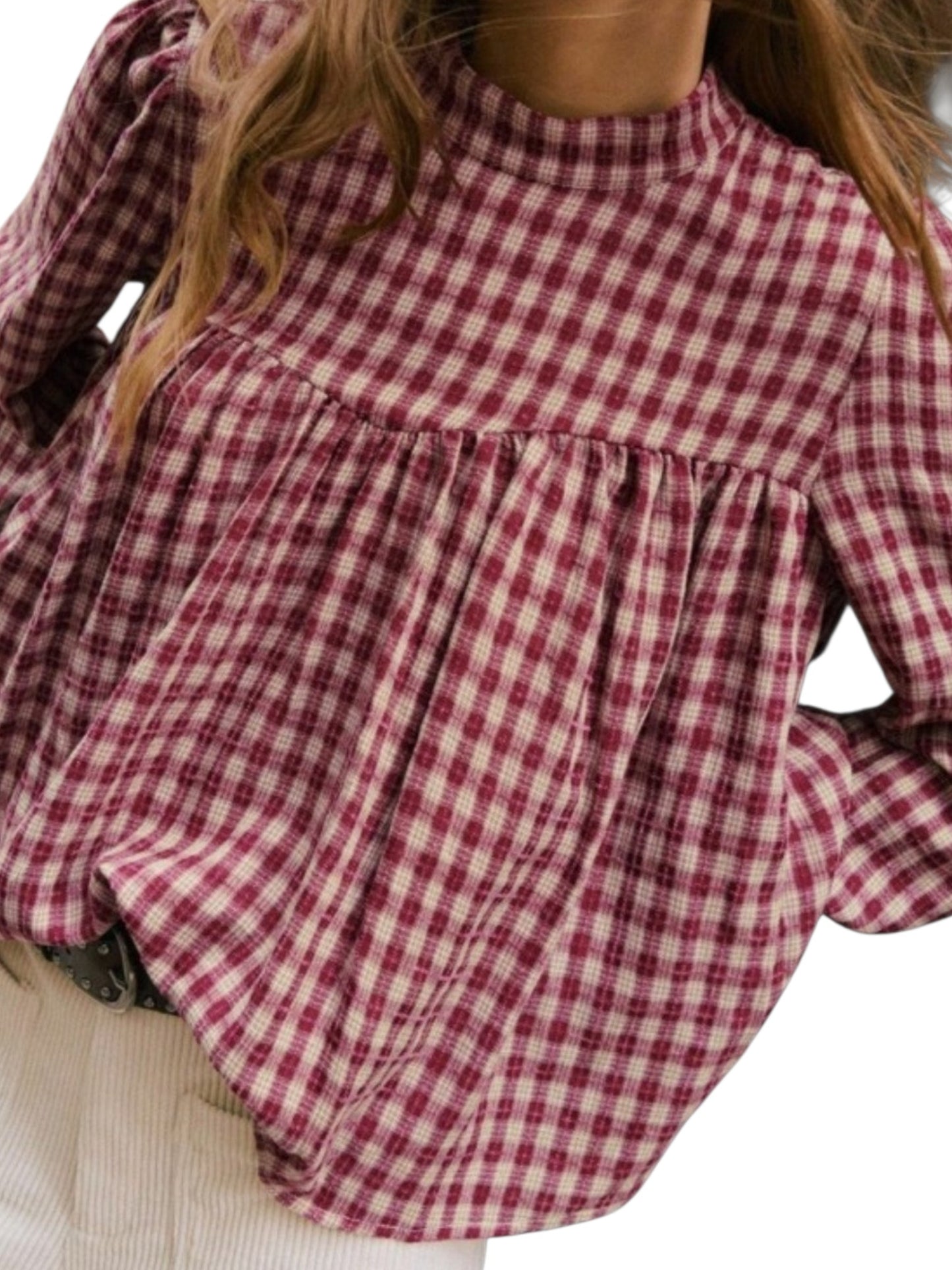 Plaid pleated babydoll blouse on the model front view at closed up