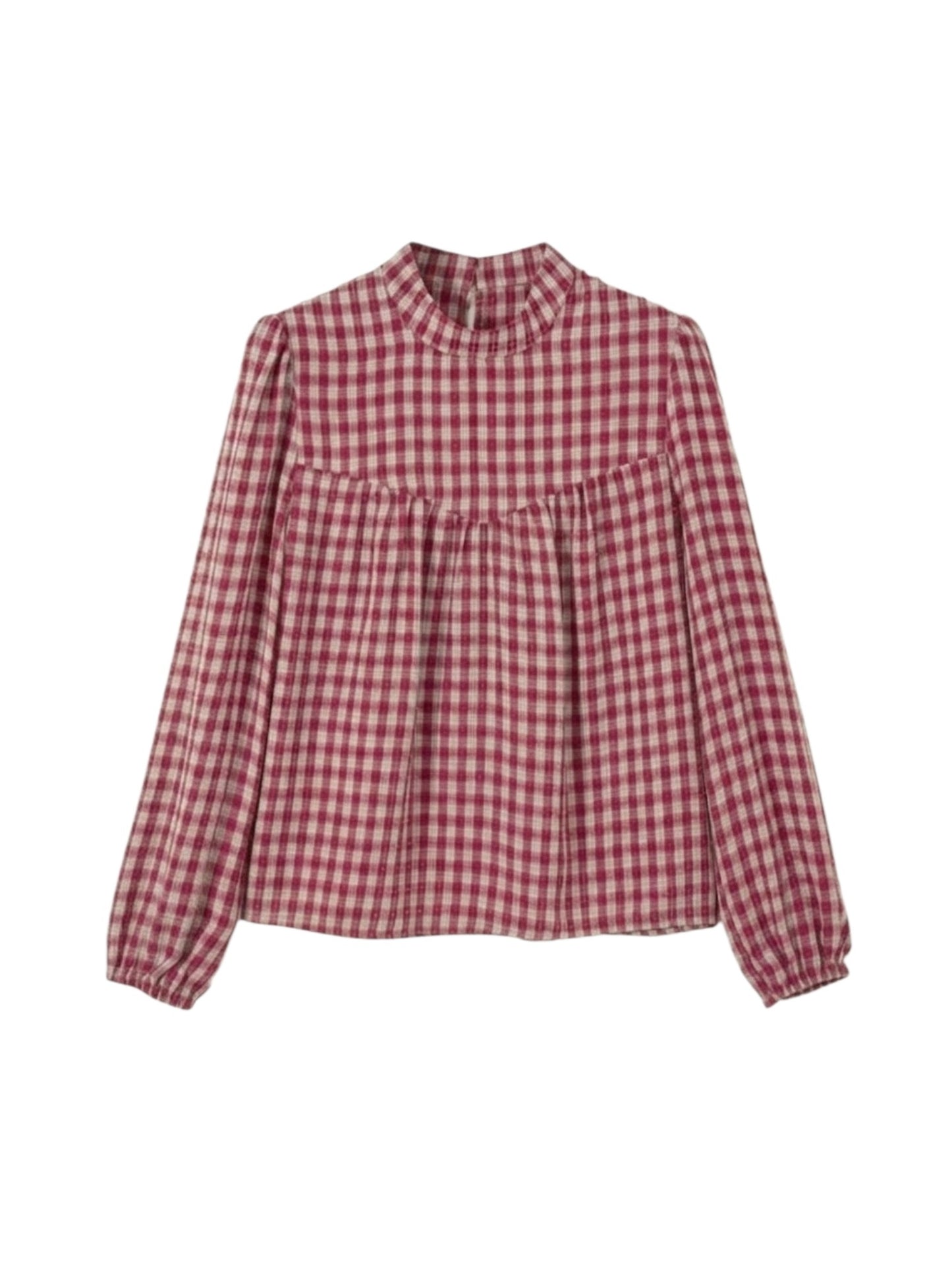 A long-sleeve blouse with a red and white gingham check pattern, featuring a gathered waist and a split neckline, shown against a plain white background back view