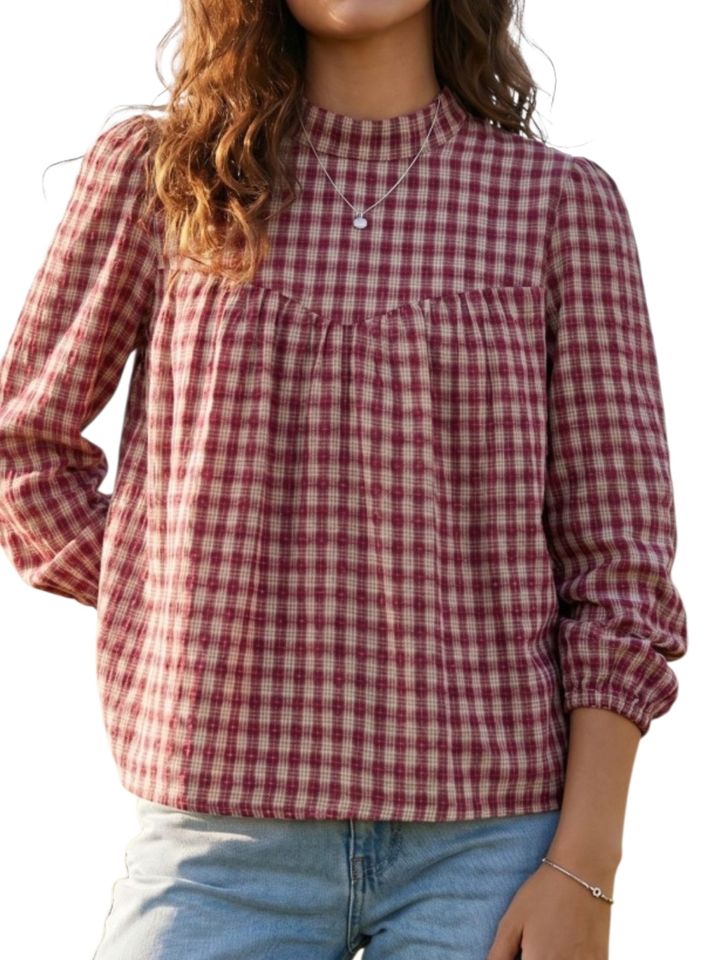 Plaid pleated babydoll blouse on the model front view