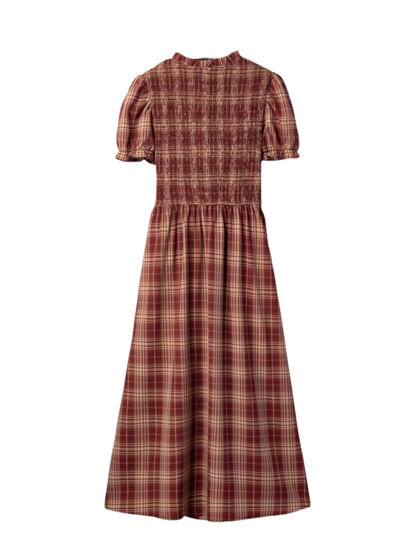 A short-sleeve plaid midi dress in a rust red and beige tartan pattern, shown from the back against a plain white background.