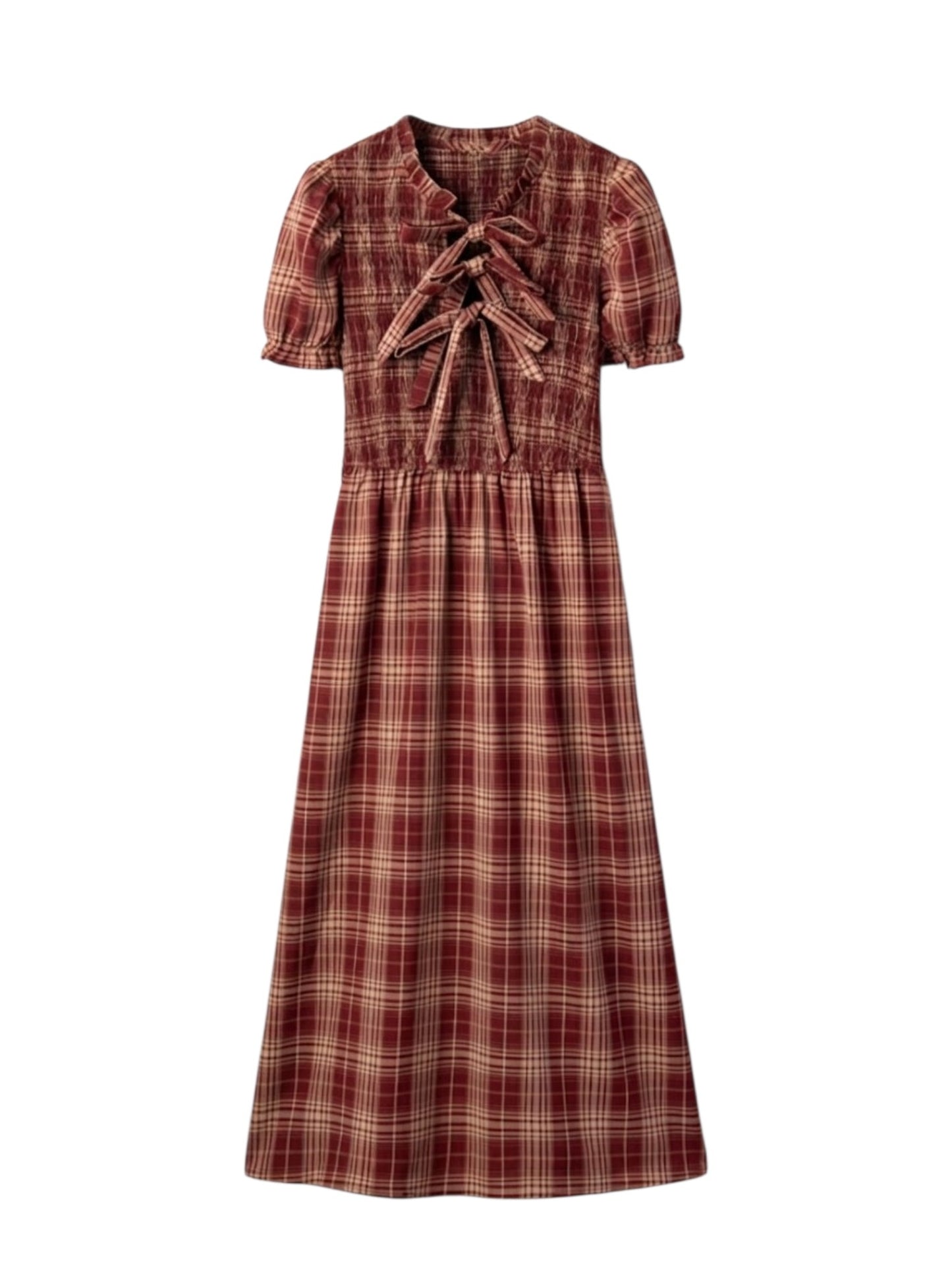 A short-sleeve plaid midi dress in a rust red and beige pattern, featuring a smocked bodice and a large front tie detail, shown against a plain white background.