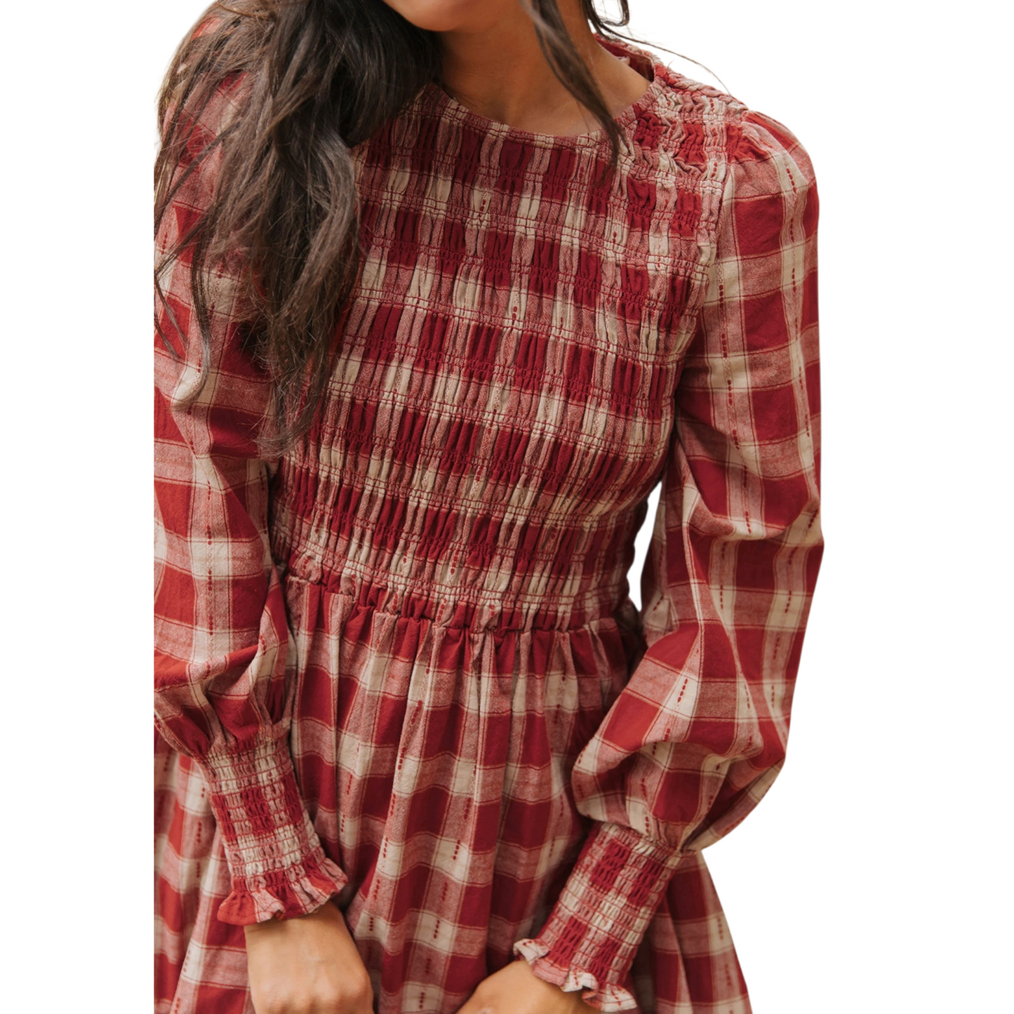 Red and white checkered dress with long sleeves on a white background