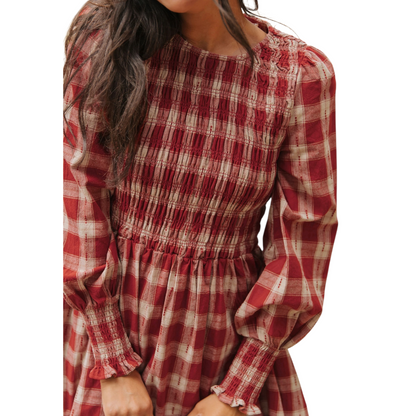 Red and white checkered dress with long sleeves on a white background