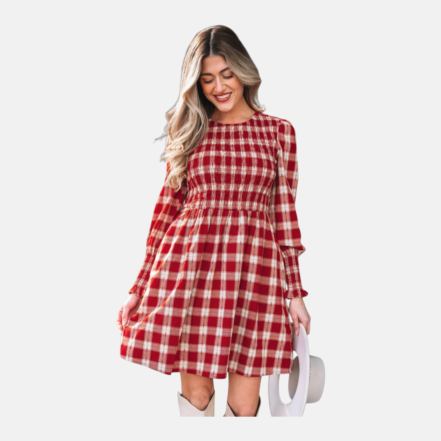 Plaid Smocked Bodice Puff Sleeve Mini Dress