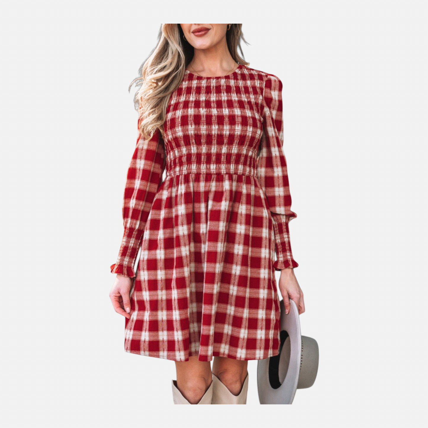 Plaid Smocked Bodice Puff Sleeve Mini Dress