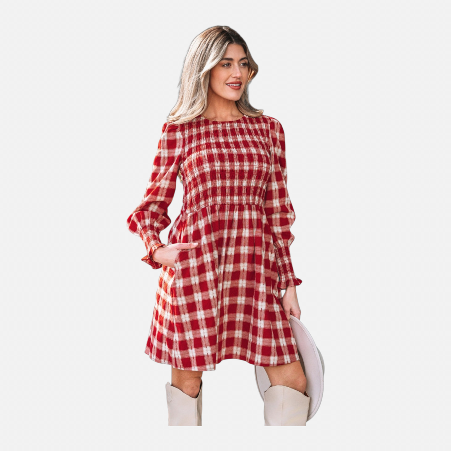 Plaid Smocked Bodice Puff Sleeve Mini Dress