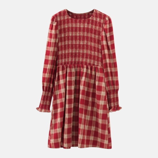 Plaid Smocked Bodice Puff Sleeve Mini Dress