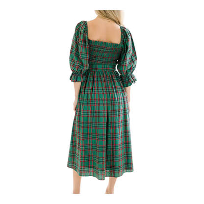 Green plaid dress with long sleeves on a white background