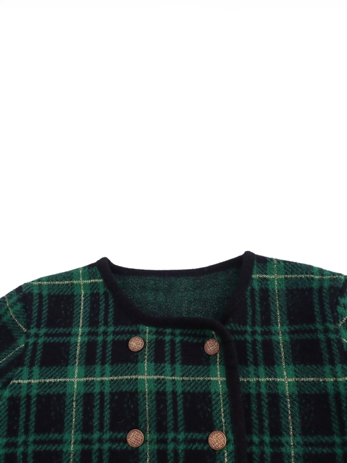 Green plaid garment with buttons on a white background collar view