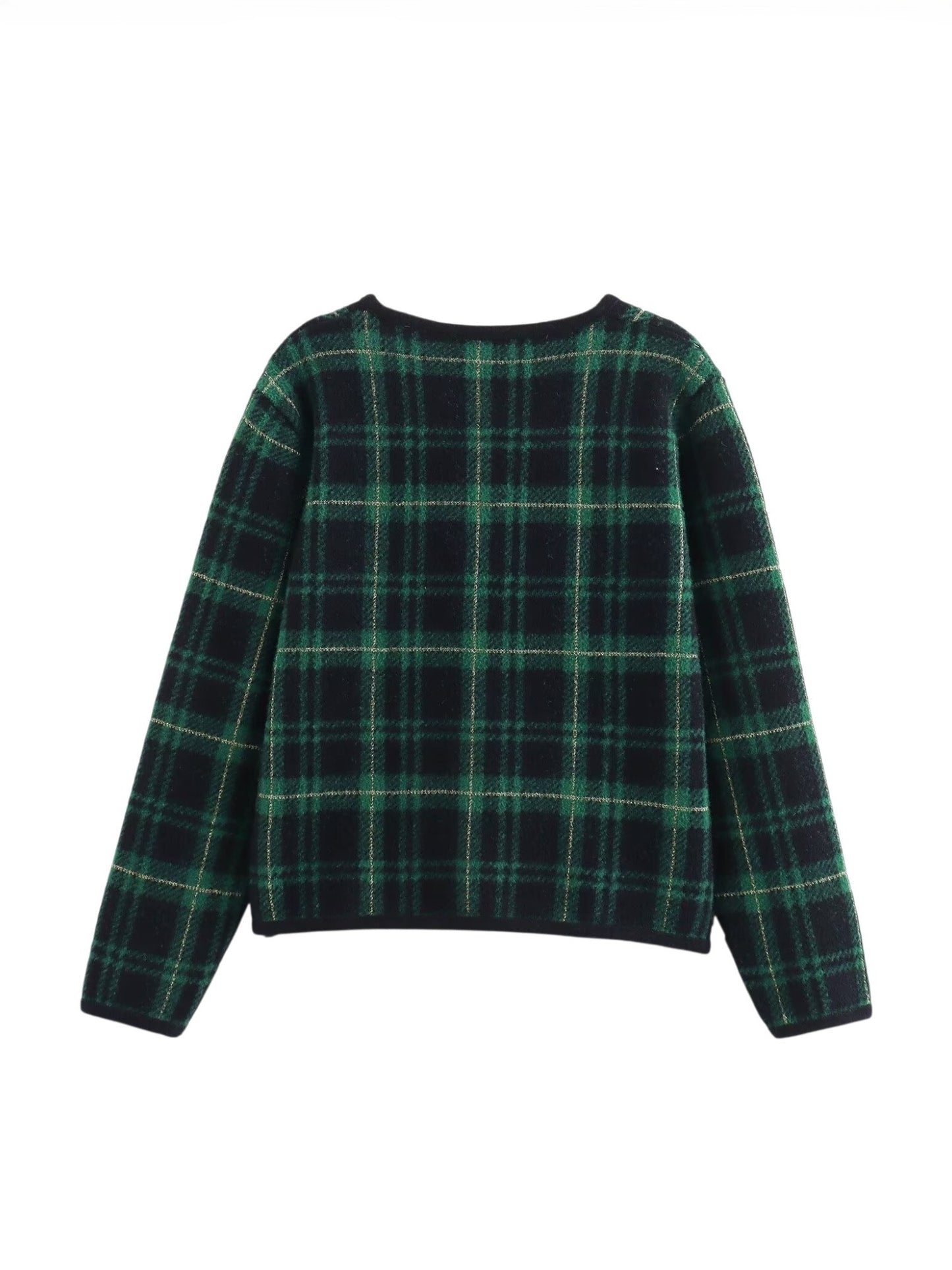 Green plaid cropped jacket on a white background professional back view