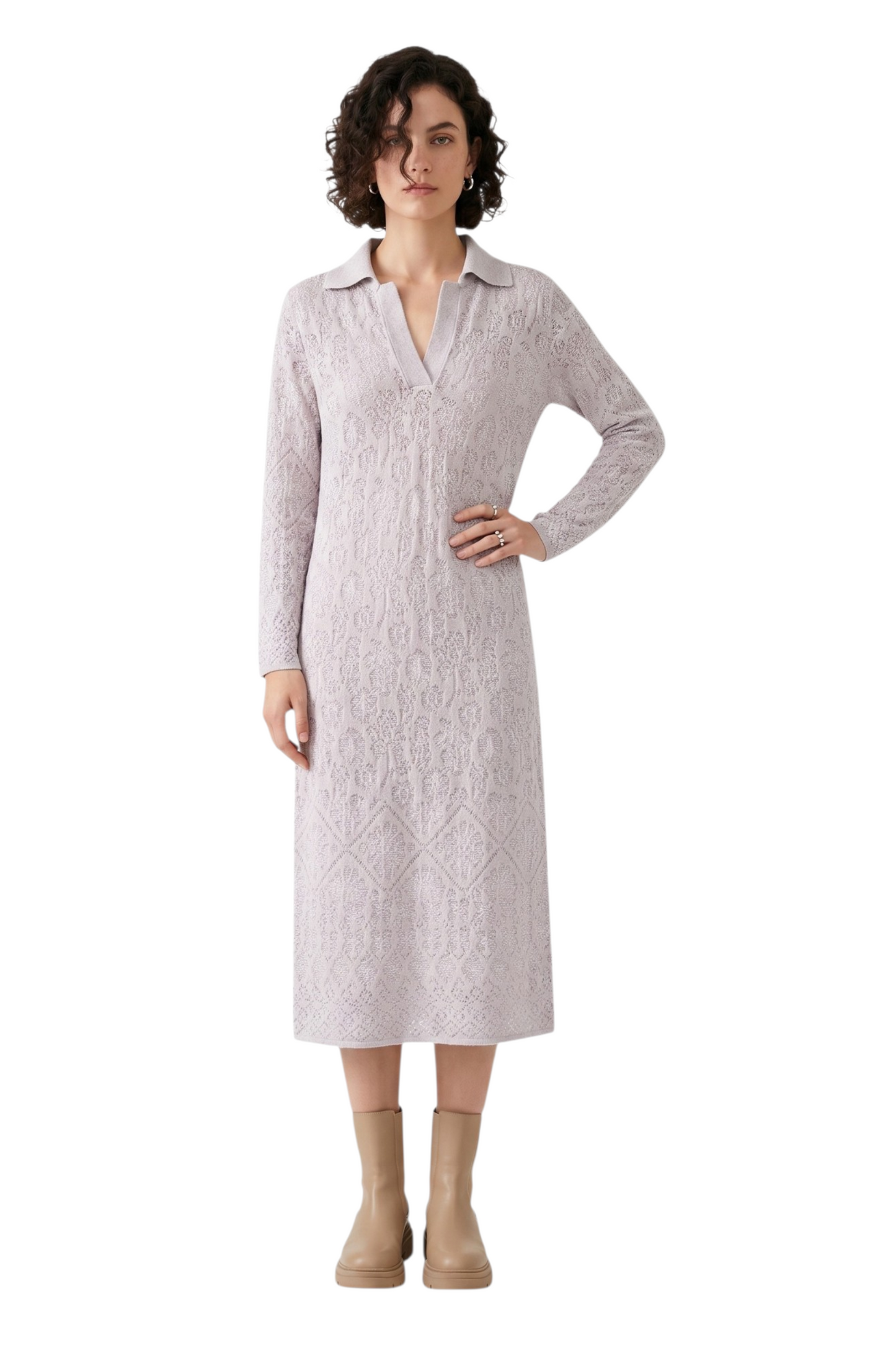 Woman wearing a light gray dress on a white background