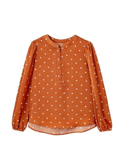 An orange long-sleeve blouse with white polka dots, featuring a buttoned henley-style neckline, displayed on a clean white background.