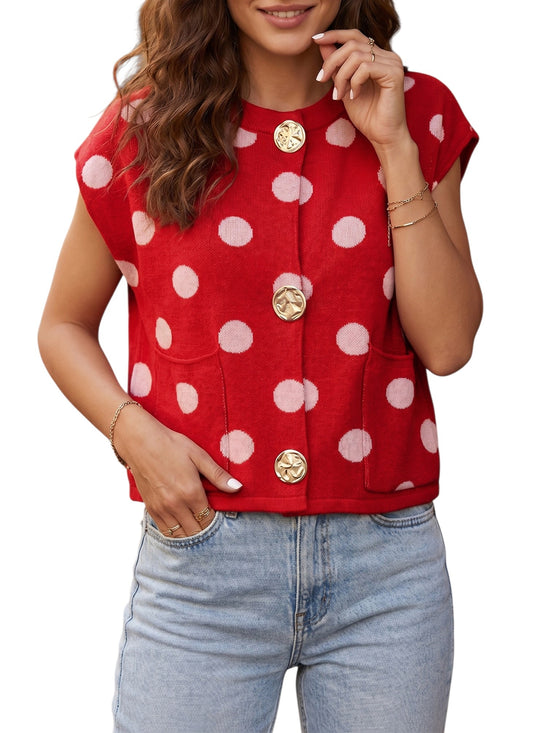 Polka dot button knit top with gold buttons front on model against a white neutral background, front view