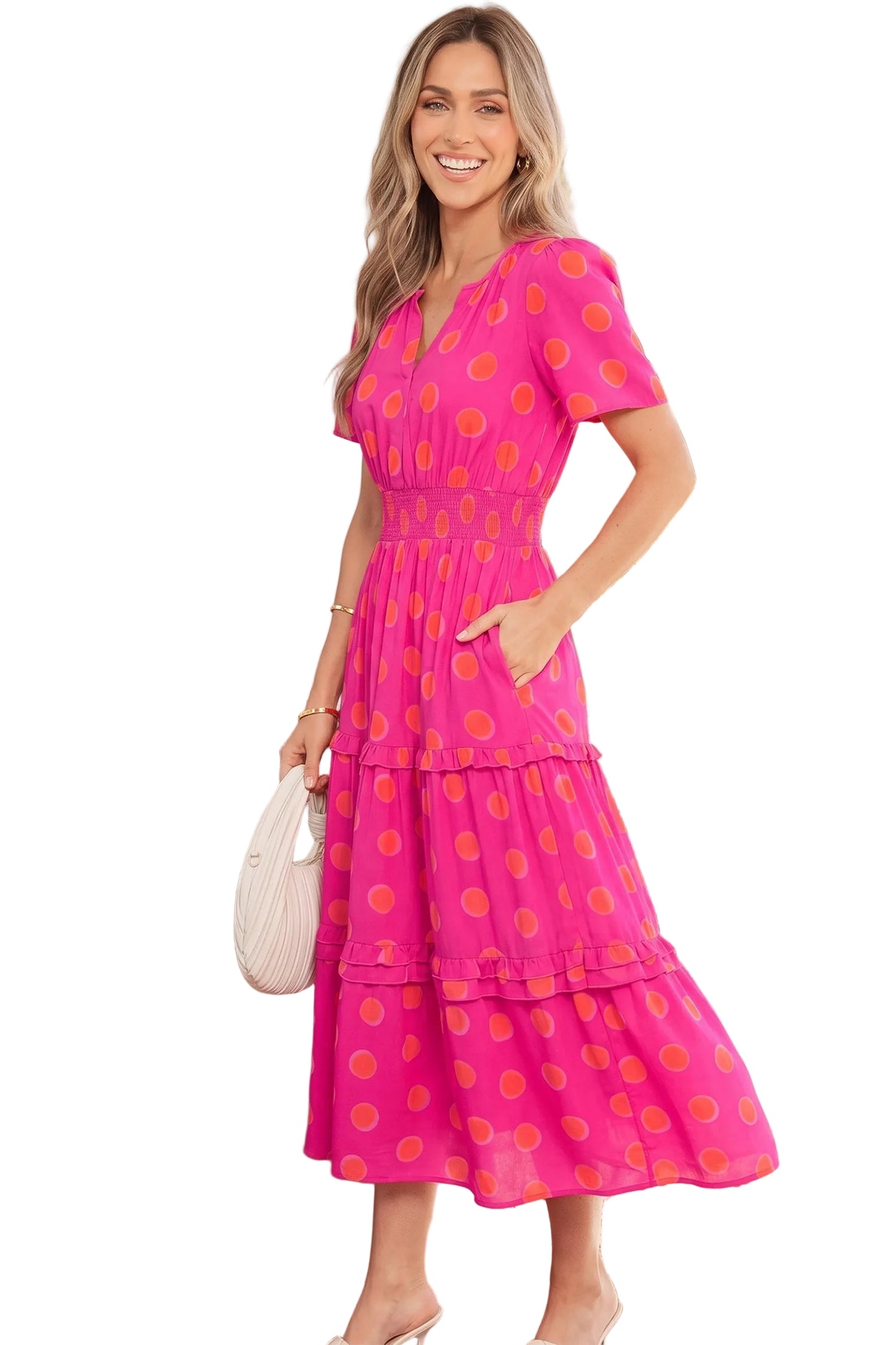 Polka Dot Smocked Waist Tiered Midi Dress