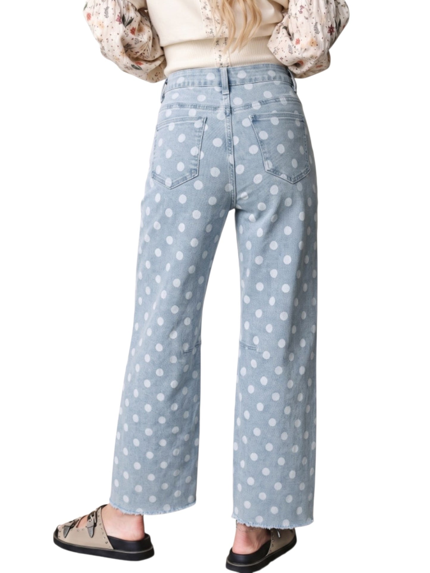 A person shown from the back wearing light blue wide-leg jeans with a white polka dot pattern, paired with a cream top and black slide sandals, against a plain white background.
