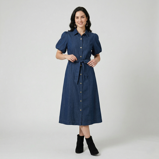 Front view of a model in a dark wash denim shirt dress featuring voluminous puff sleeves and a self-tie bow at the waist.