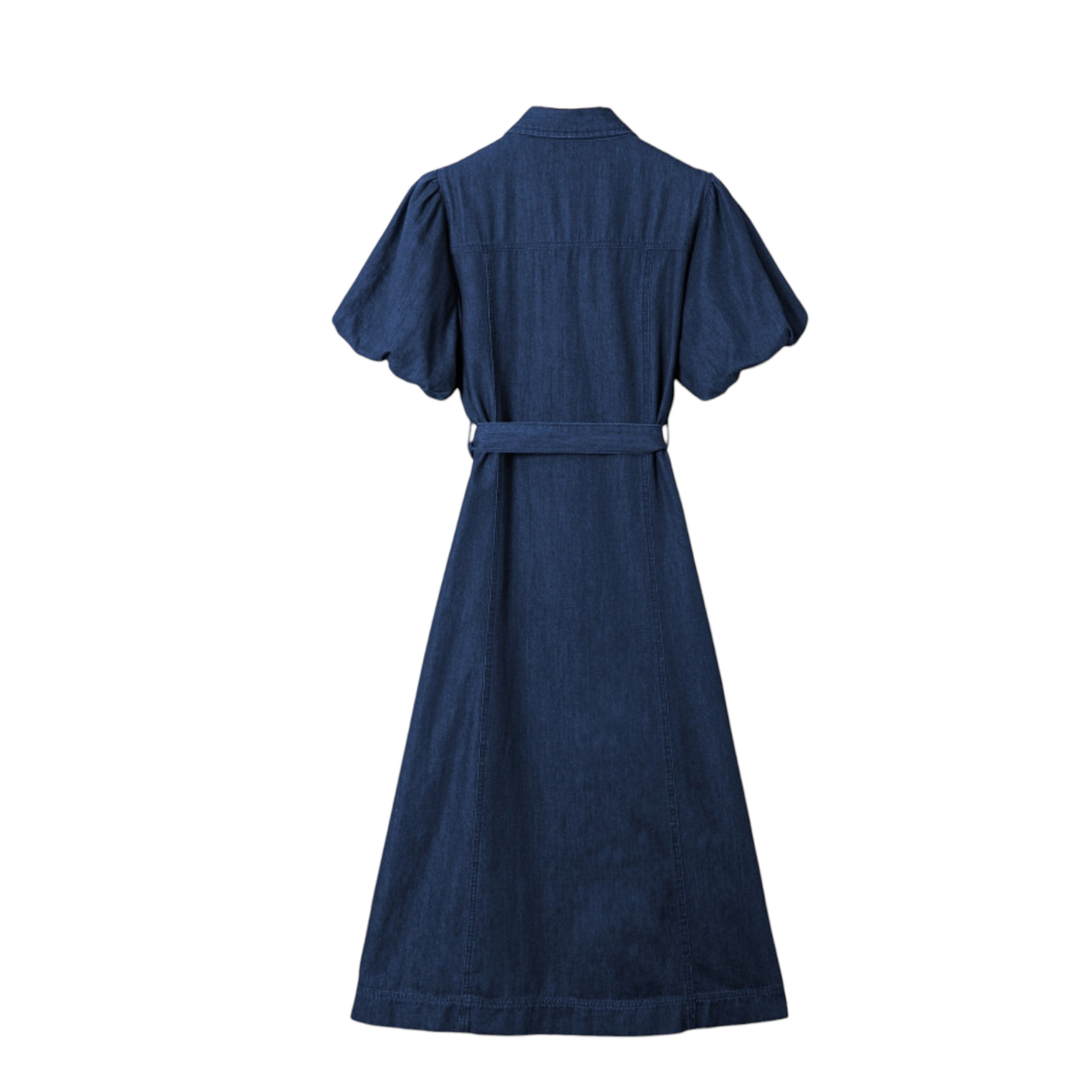 Professional back view of the 100% cotton denim midi dress in deep blue, highlighting the elasticated puff sleeves and tailored fit.