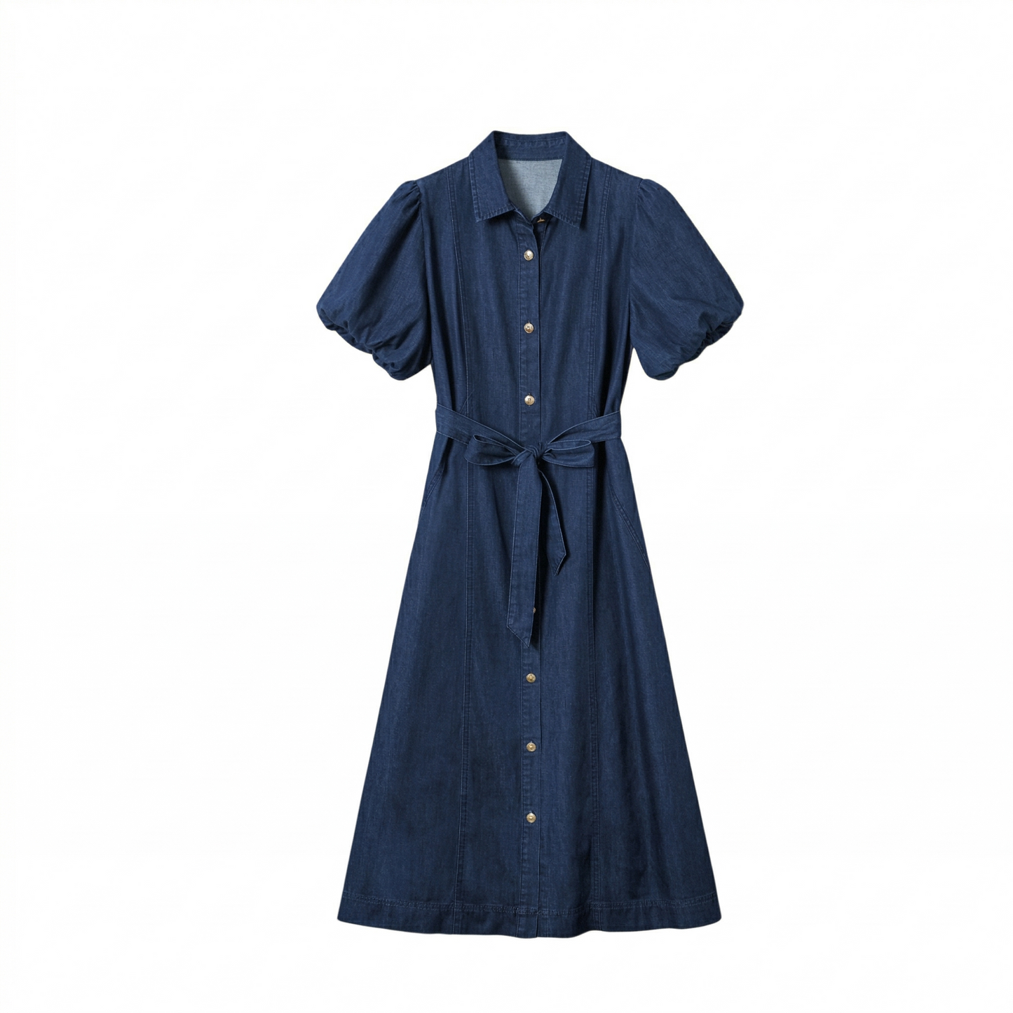 High-quality front flat lay of the button-down denim midi dress with a classic collar and statement puff sleeves in a dark indigo wash.