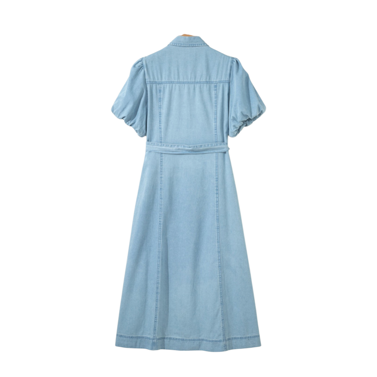 Rear view of the vintage light wash denim midi dress, showcasing the breathable 100% cotton fabric and structured silhouette.