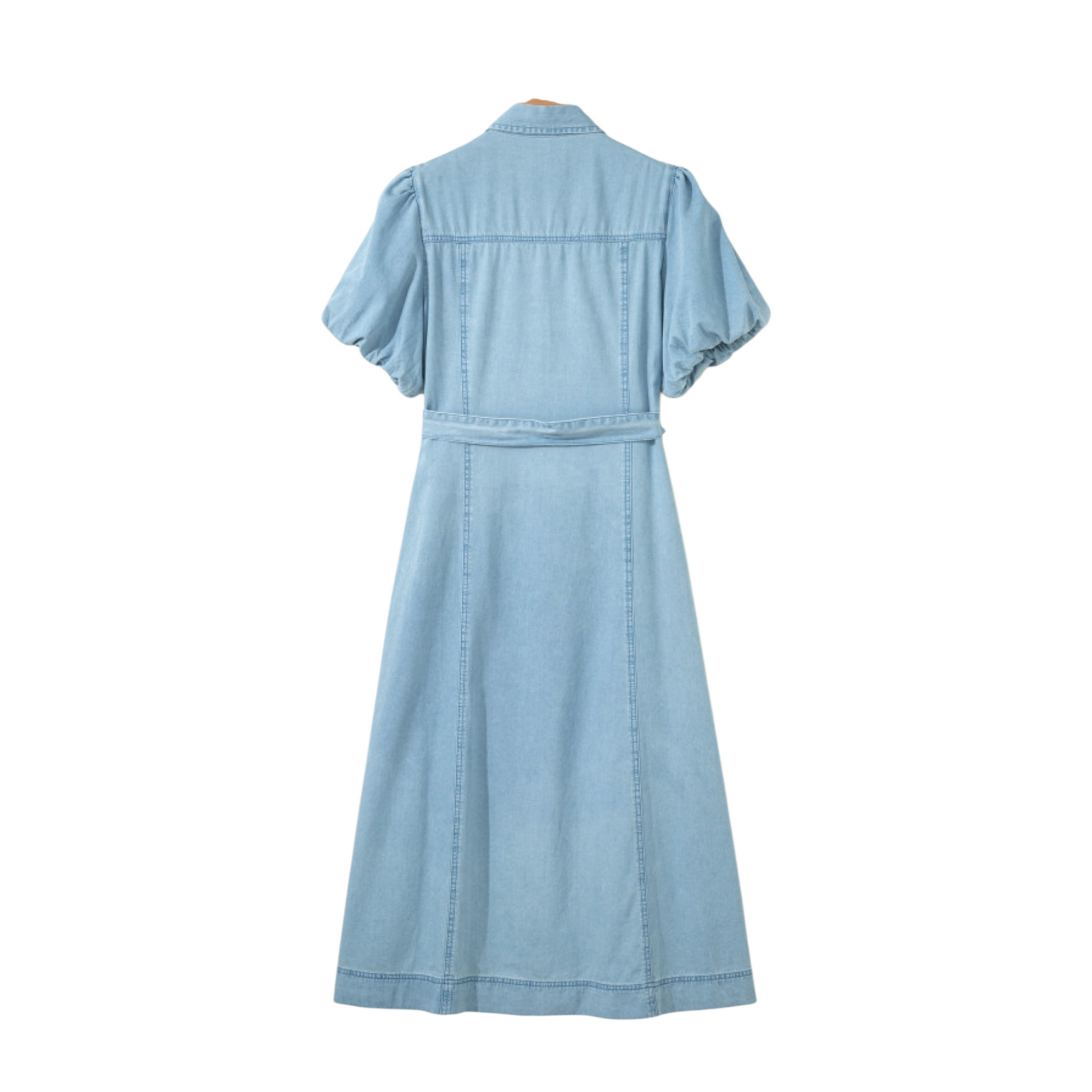 Rear view of the vintage light wash denim midi dress, showcasing the breathable 100% cotton fabric and structured silhouette.