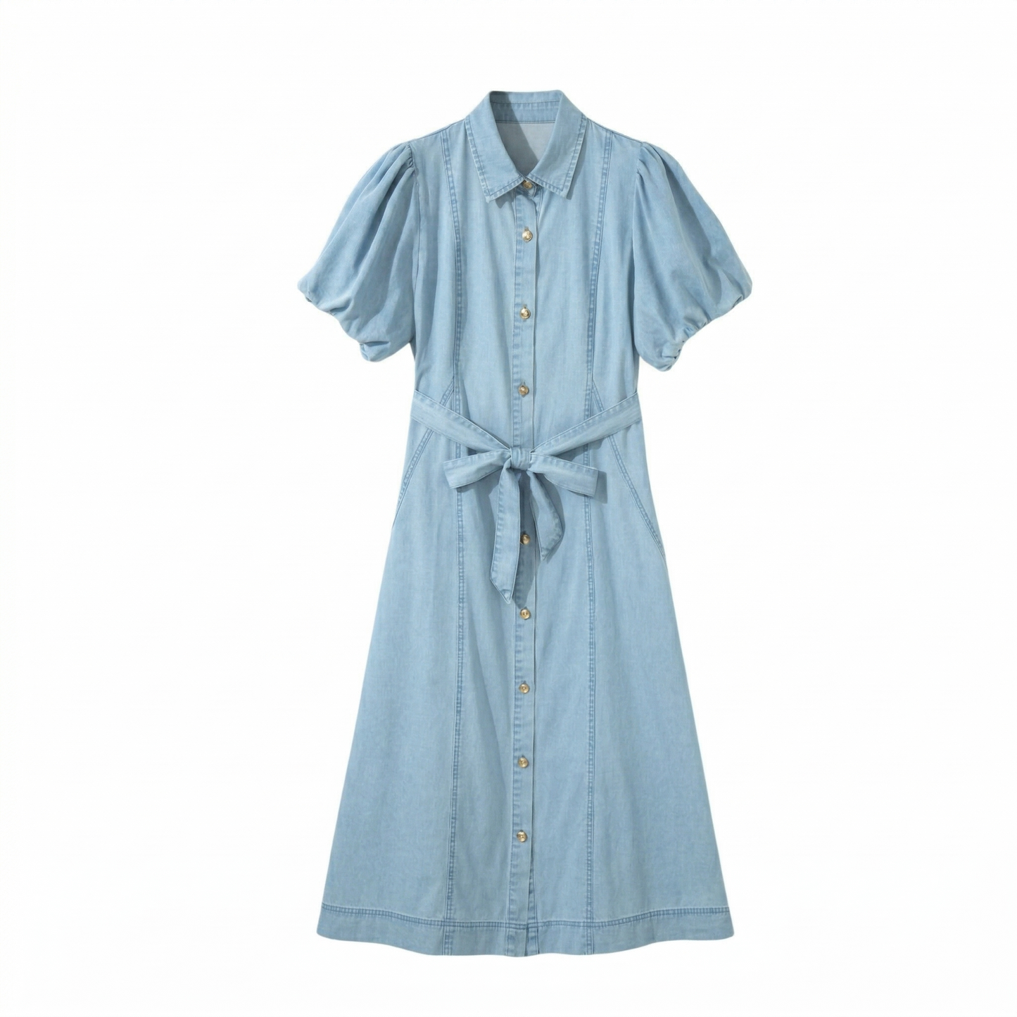 Front flat lay of the light wash denim midi dress, featuring a functional button placket and feminine puff-sleeve design.