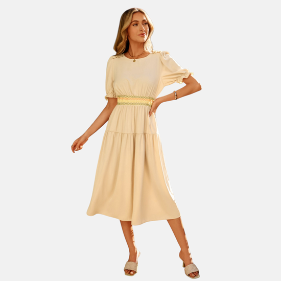 Puff Sleeve Smocked Waist Tiered Midi Dress