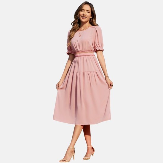 Puff Sleeve Smocked Waist Tiered Midi Dress