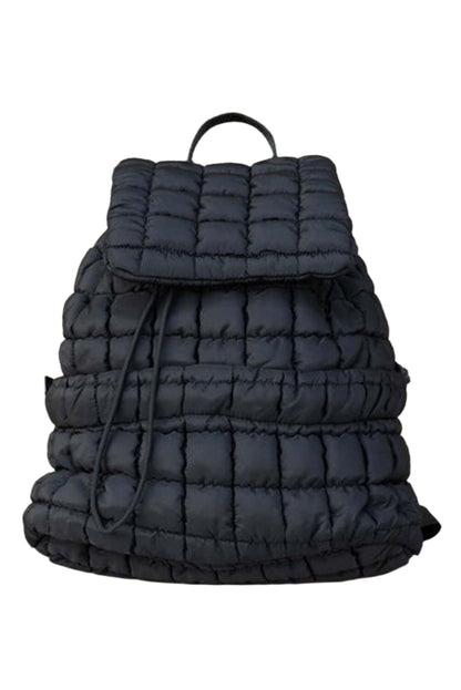 Black quilted puffer backpack for ladies.