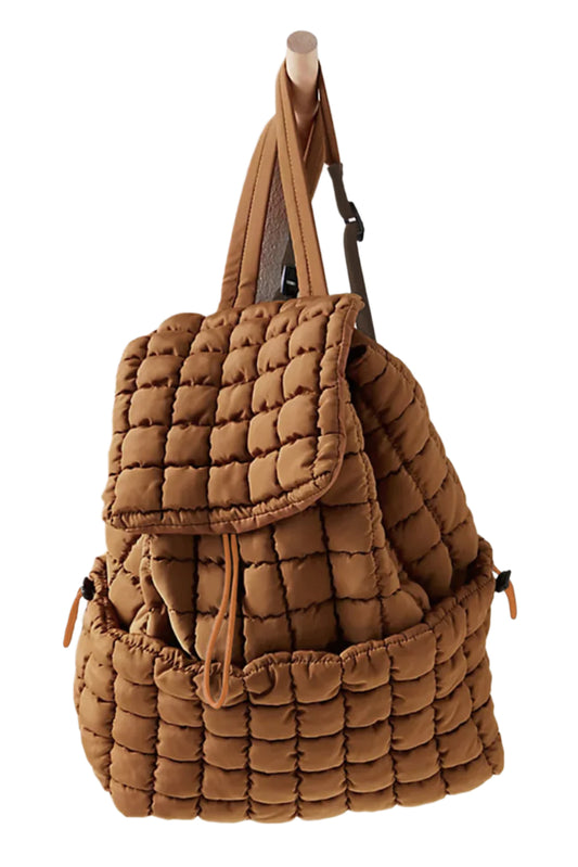 First photo of quilted puffer backpack, coffee color.
