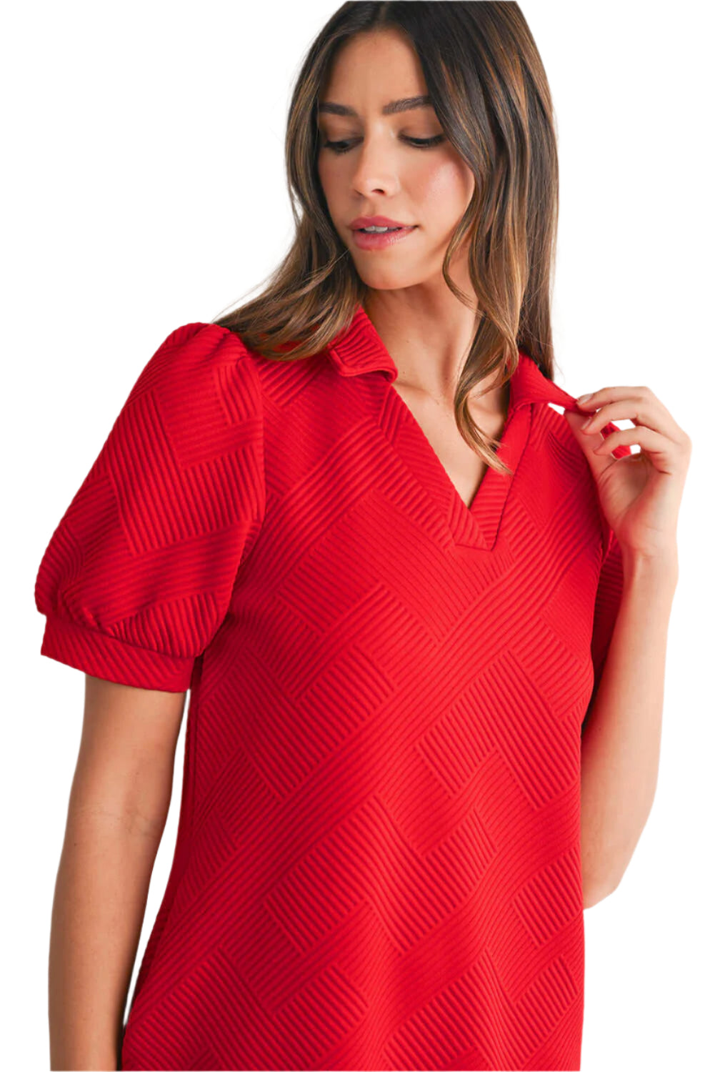 A red puff sleeve mini dress,  featuring V-neck, ideal for summer parties.