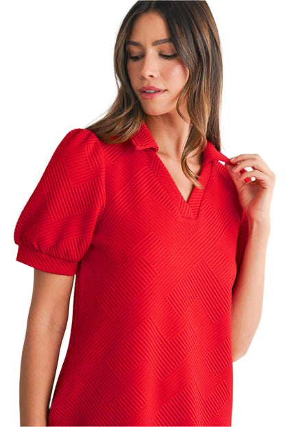 A red puff sleeve mini dress,  featuring V-neck, ideal for summer parties.