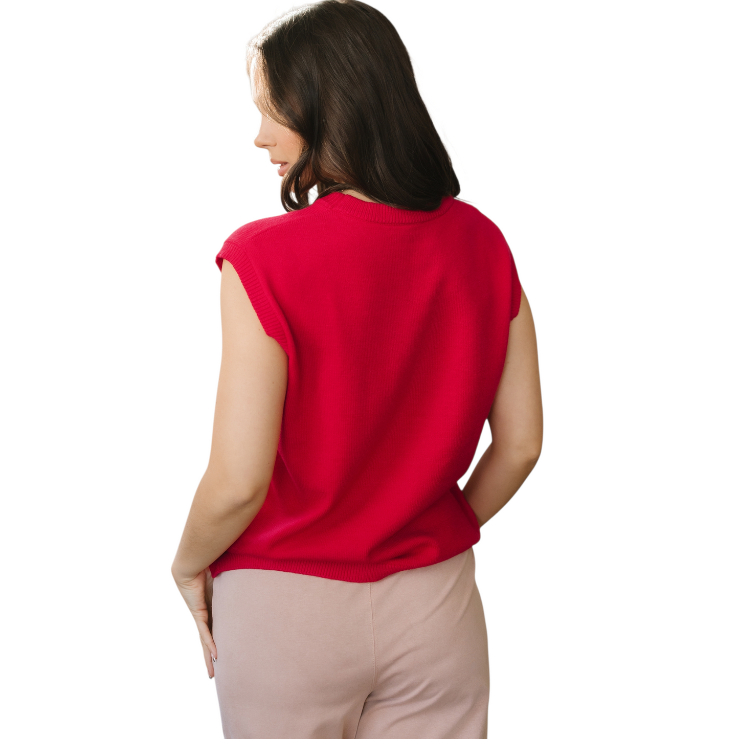 Rear view of a red crew neck knit vest on a model, showing the soft ribbed texture and sleeveless design.