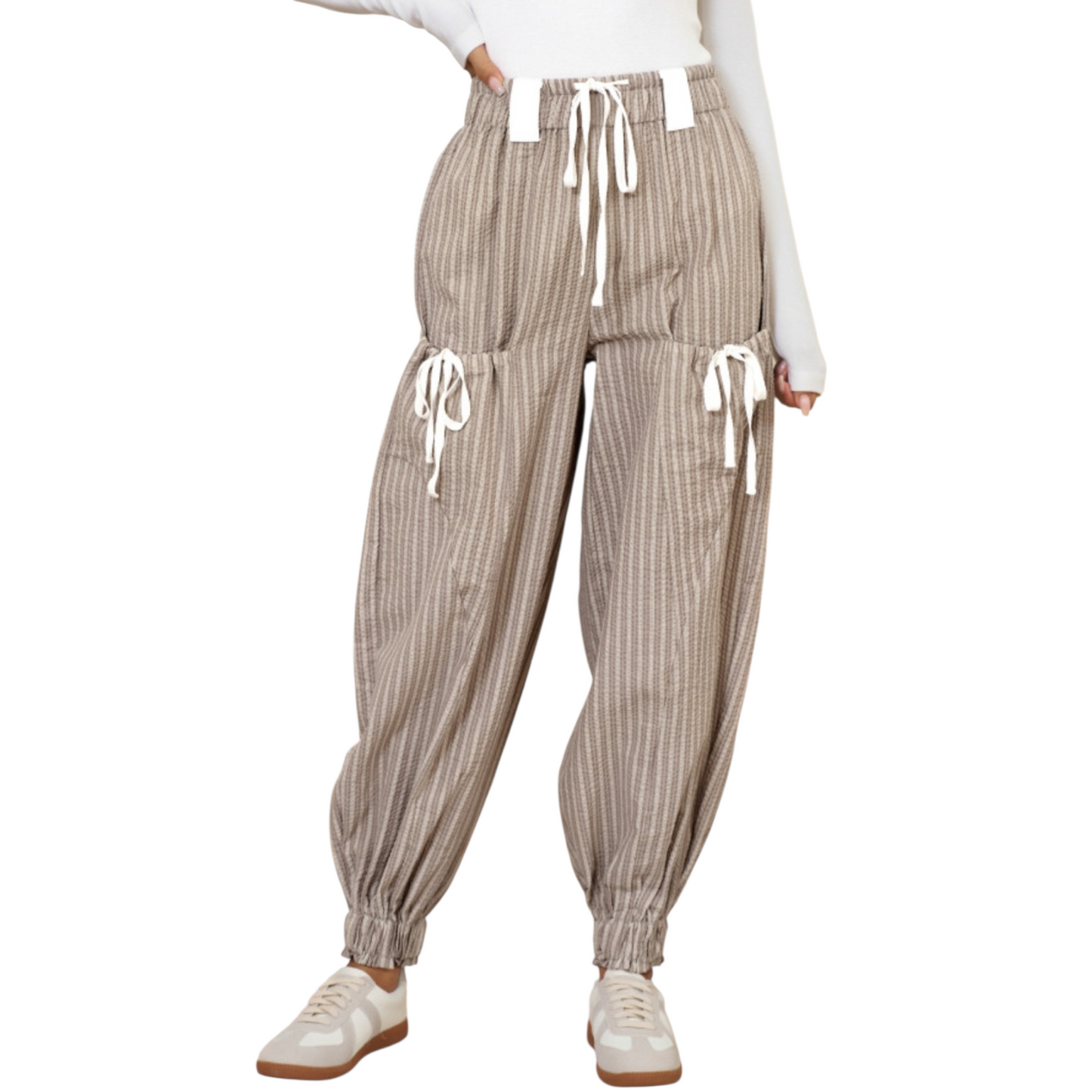 Striped pants with drawstring waist on a white background